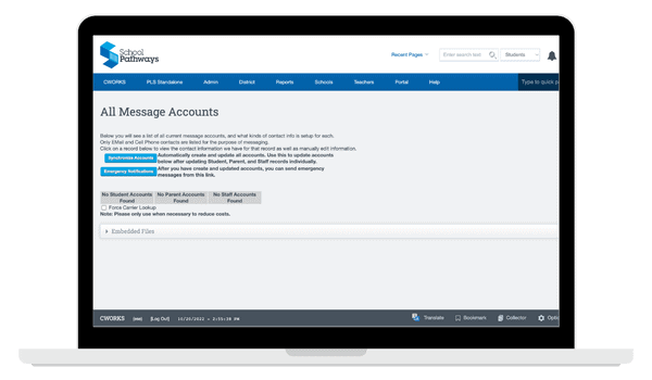 A laptop with an open webpage of School Pathways' Application and Lottery solution that reads “All Message Accounts”