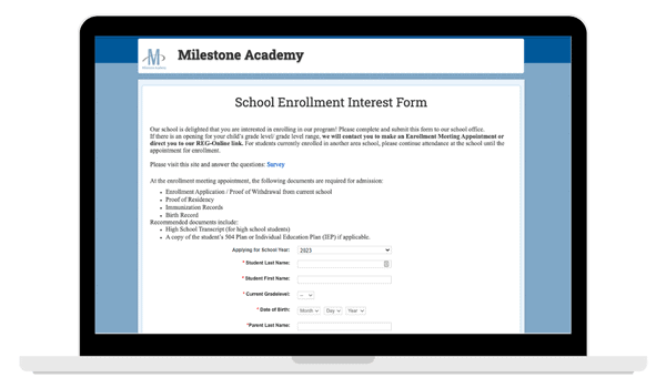 A laptop with an open webpage of School Pathways' Application and Lottery solution that reads “School Enrollment Interest Form”