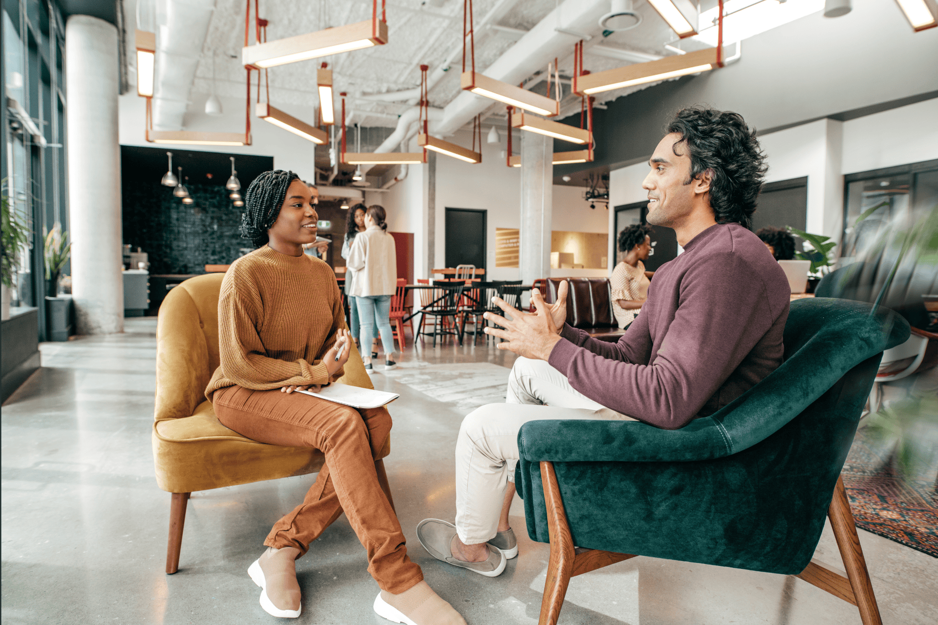 One woman interviewing one man