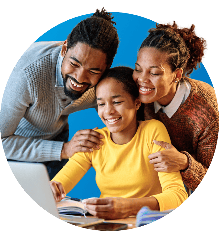 diverse family celebrating looking at the laptop