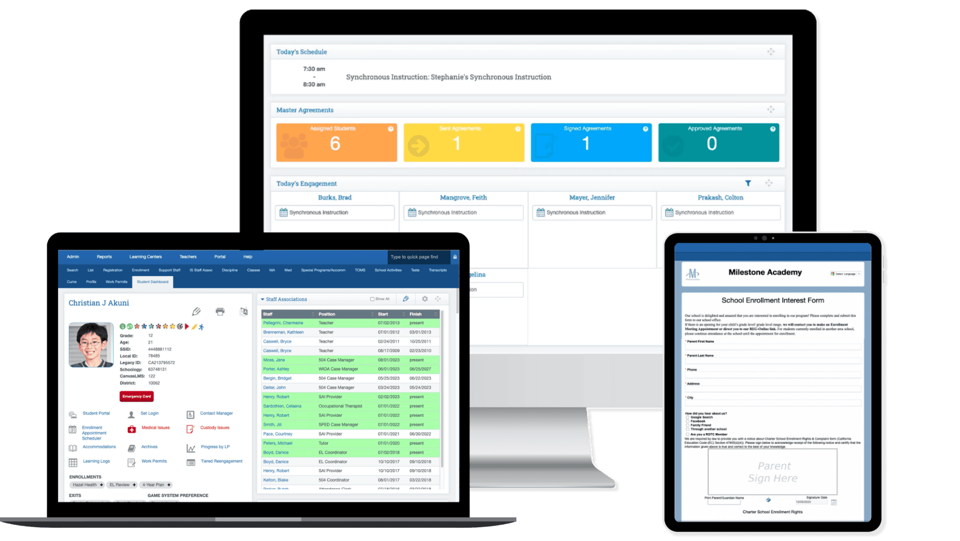 A desktop, laptop, and tablet device of School Pathways' products