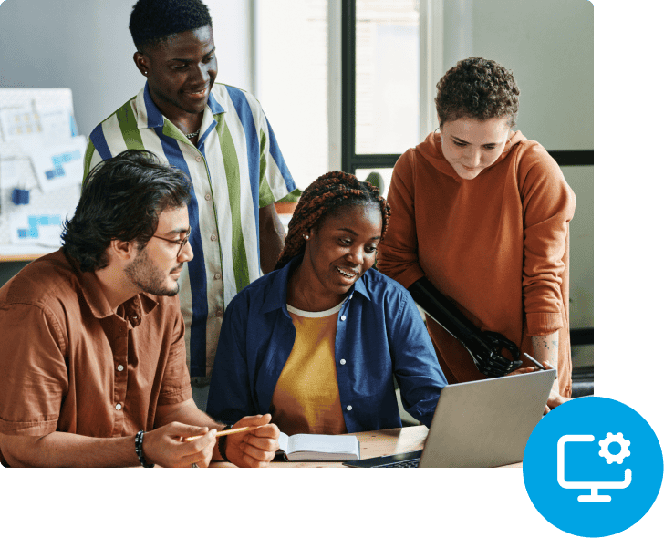 group of diverse people collaborating with laptop