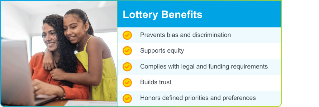 List of enrollment lottery benefits with a picture of a mother and child smiling over lottery results on the left