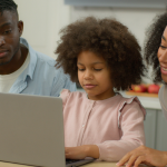 Parents sit with their daughter at a laptop to research school choice programs in their area.