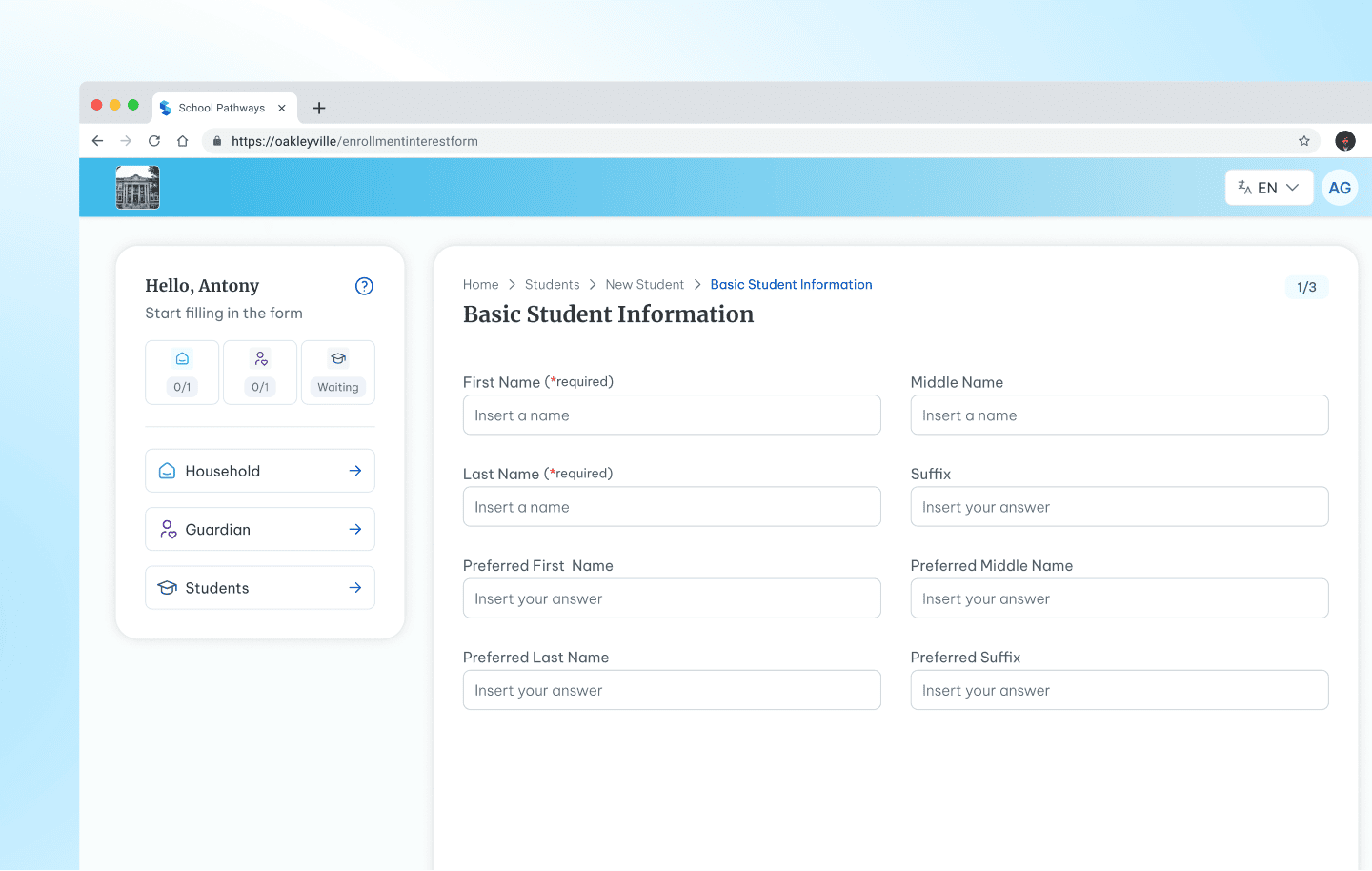 Reg Online Parent Portal interface